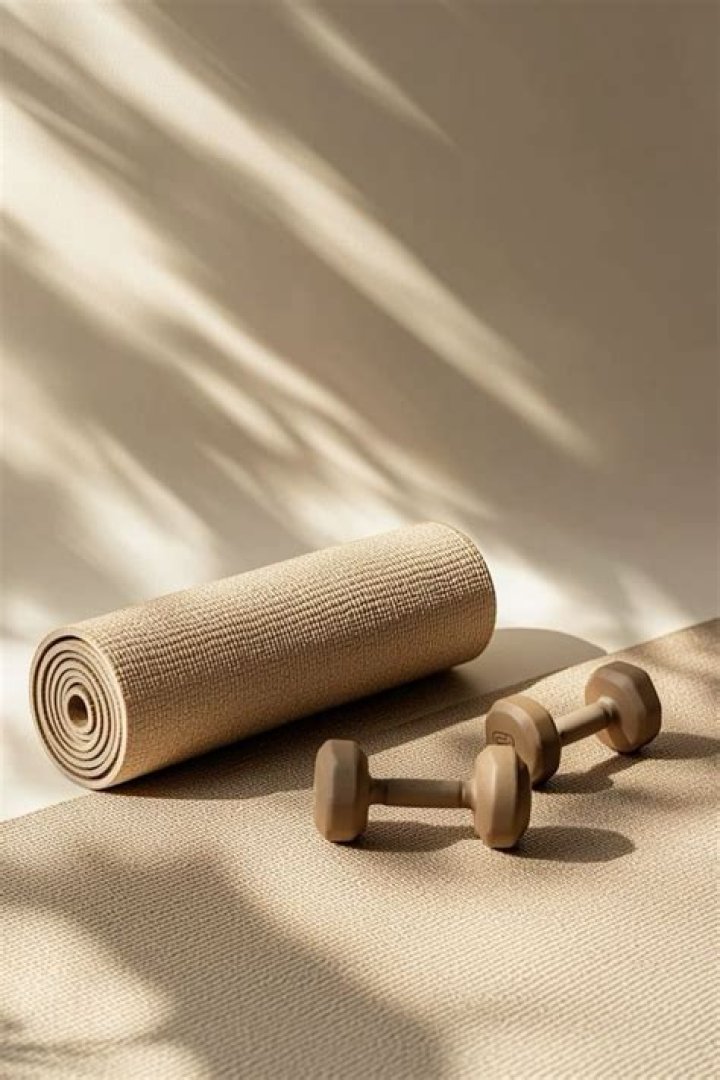 A brown yoga mat partially rolled up