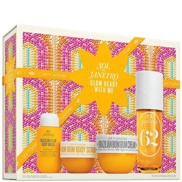 A Sol de Janeiro gift set with a colorful patterned box