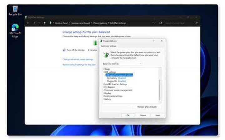 Adjust USB settings to fix Windows 11 not turning off display.