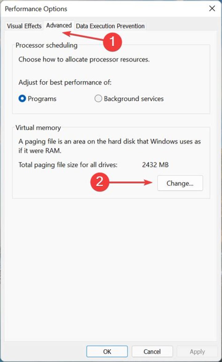 Change to reset virtual memory Windows 11