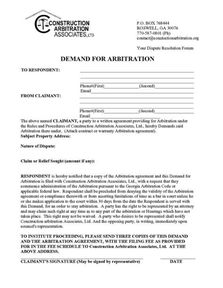 download Demand for arbitration form pdf