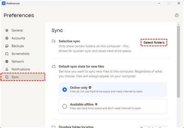 dropbox selective sync settings