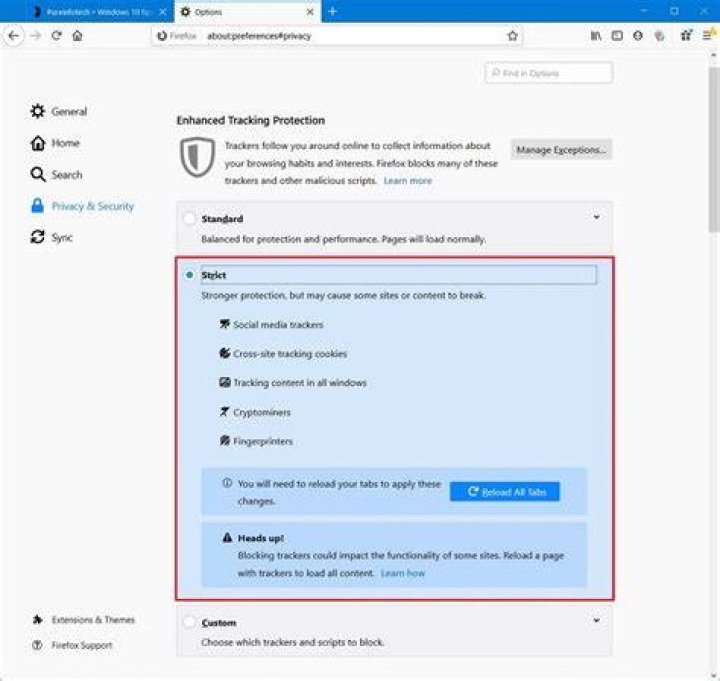 Firefox enhanced tracking protection settings.