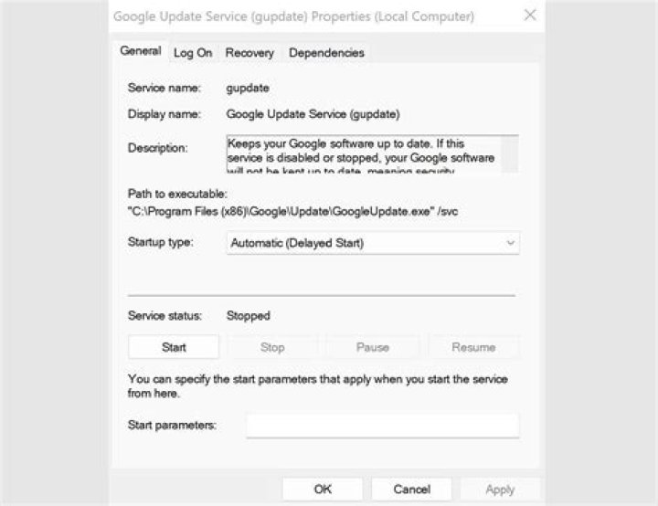 going google update service properties windows