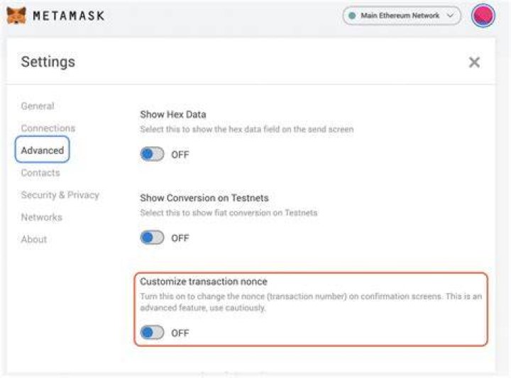 going metamask advanced settings