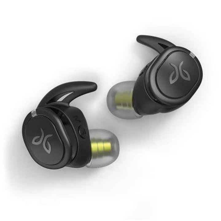 Jaybird Run XT product image on white background. The earbuds are in the case, which is open.