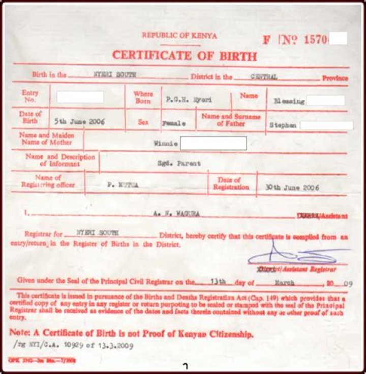 Kenya birth certificate sample