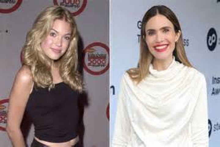 Mandy Moore's hair in a long grownout pixie with bangs
