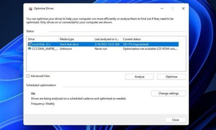 The Optimise Drives window Optimise Drives window Error 1711