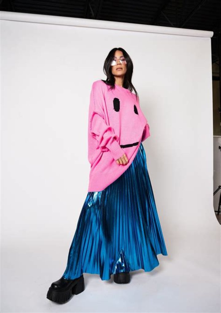 Raspberry metallic pleated midi skirt