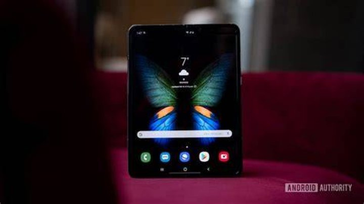 Samsung Galaxy Fold tablet mode on chair Samsung Galaxy Fold tablet mode on chair