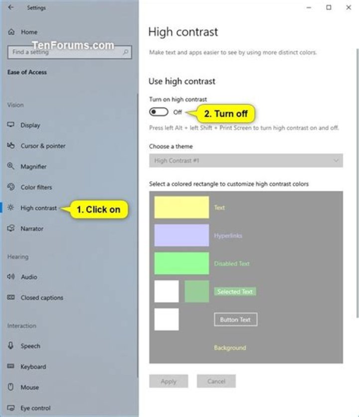 turn off high contrast windows 10