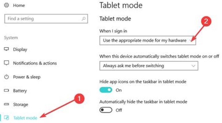 turn off tablet mode touch screen windows 10