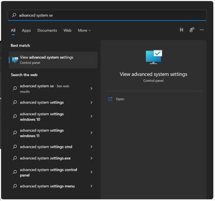 View advanced system settings to reset virtual memory in Windows 11