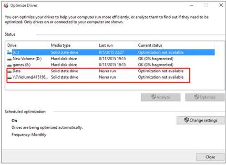 Windows 10 defrag optimization not available